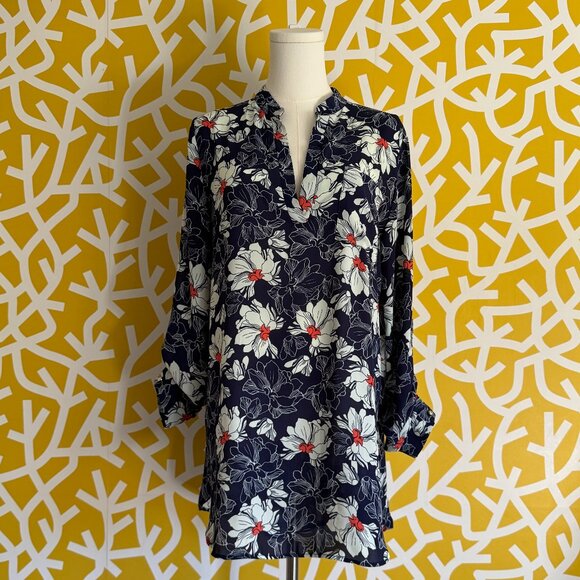 Lara Tropical Floral Print Navy Blue Orange White Caftan Shirt Mini Dress - M/L - Picture 1 of 4